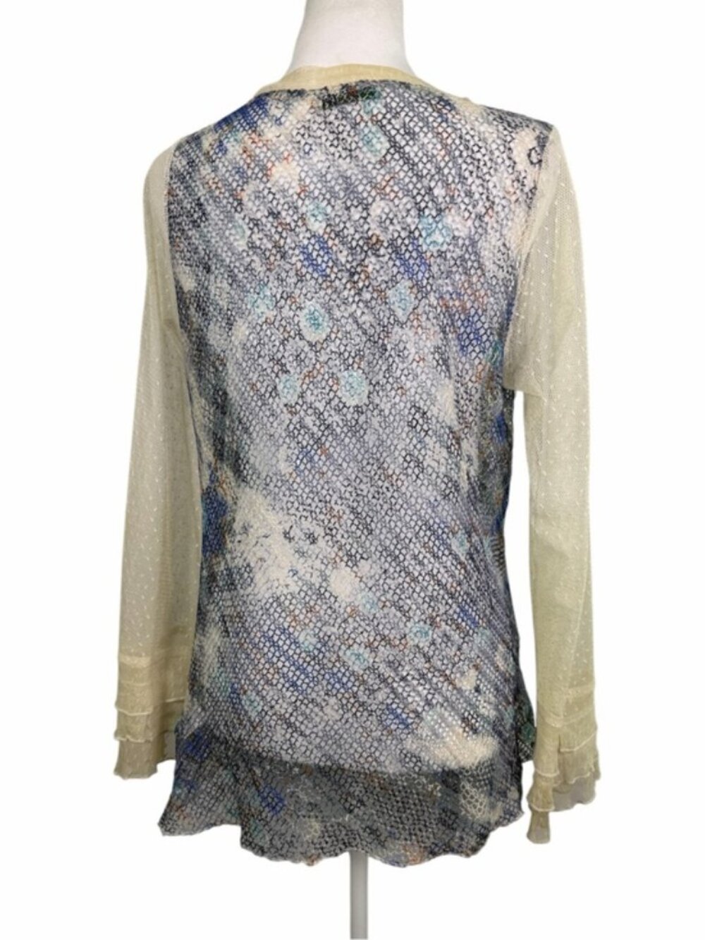 Farinelli Blue Ivory Mesh Ruffle Tunic Top L Boho Lagenlook Artwear - Picture 5 of 11